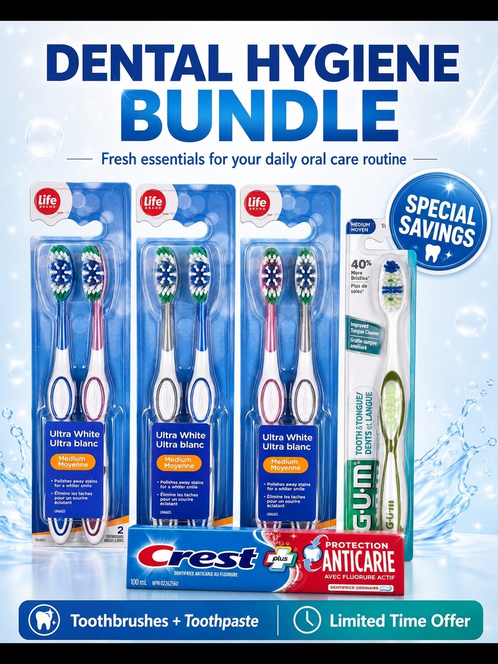 💙 5 Pc Bundle - Crest Toothpaste with Multi-Color Toothbrush Pack